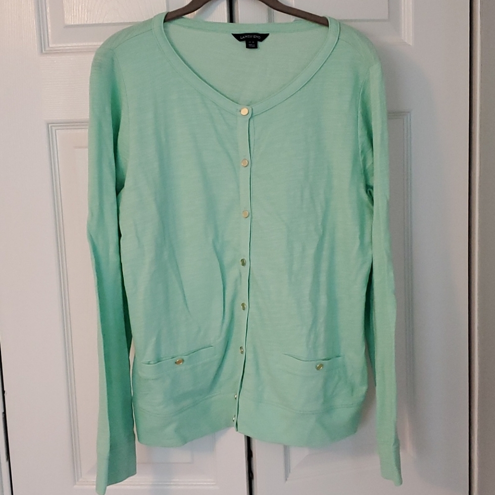 Land's End mint green button cardigan L
